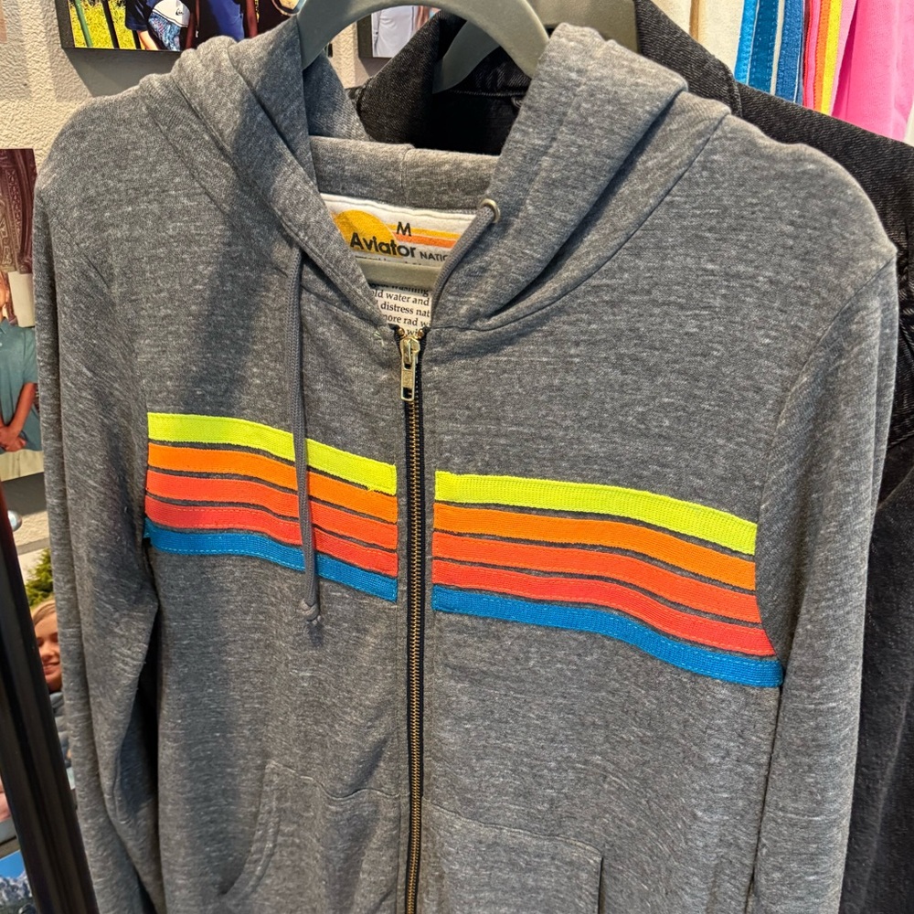 Aviator nation grey striped zip hoodie medium